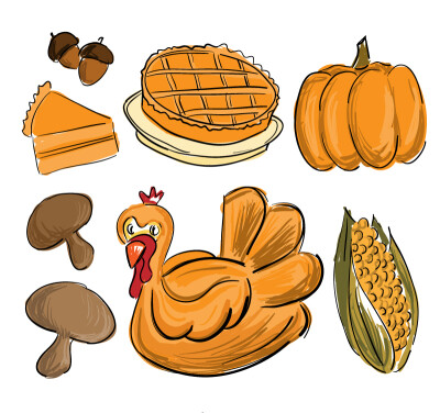 7款彩绘感恩节食物矢量素材，素材格式：AI，素材关键词：坚果,南瓜,玉米,火鸡,感恩节,南瓜馅饼