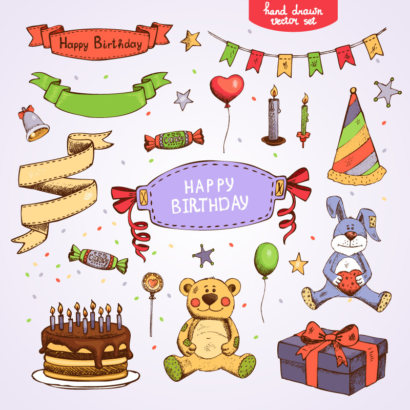 18款手绘生日装饰元素矢量素材，素材格式：EPS，素材关键词：丝带,气球,糖果,拉旗,生日,生日快乐,玩具熊,生日礼帽,生日蛋糕,装饰,爱心兔子