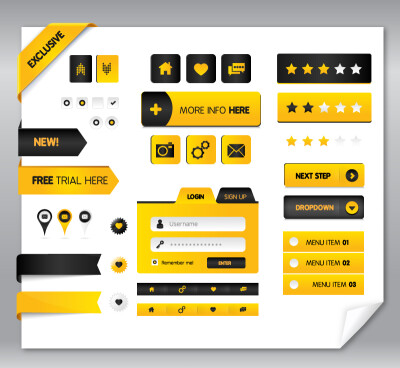 网页导航栏与用户登录界面按钮矢量素材，素材格式：AI，素材关键词：星星,爱心,图标,登陆框,导航栏,网页按钮