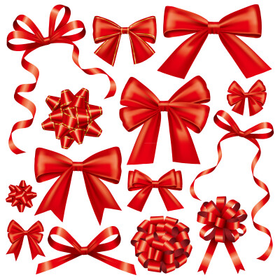 14款红色丝带蝴蝶结矢量素材，素材格式：AI，素材关键词：丝带,蝴蝶结,丝带花,礼品