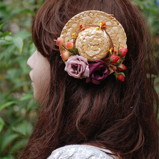小美姓林，原创设计森林系森女手作花朵红桑莓浆果草帽发夹发饰