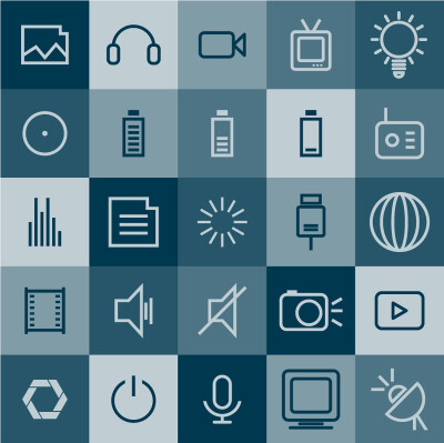25款数码产品应用程序图标矢量素材，素材格式：AI，素材关键词：图标,数码产品,收音机,相片,摄影,音乐,电源,照明