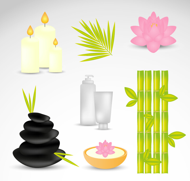 7款精美spa元素图标矢量素材，素材格式：AI，素材关键词：图标,蜡烛,SPA,竹子,莲花,鹅卵石,精油,香薰