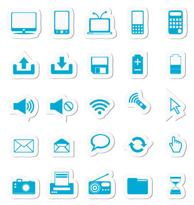 蓝色剪纸单色图标矢量素材，素材格式：AI，素材关键词：图标,计算器,收音机,手机,剪纸,电脑,对话气泡,电池,打印机,下载,上传