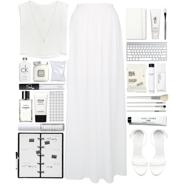 A fashion look from July 2015 featuring cut out crop top, white maxi skirt and ankle strap shoes. Browse and shop related looks.