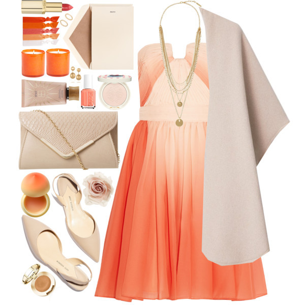 A fashion look from July 2015 featuring orange cocktail dress, pink poncho and nude purses. Browse and shop related looks.