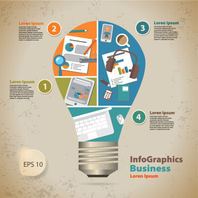 创意灯泡商务信息图矢量素材，素材格式：EPS，素材关键词：信息图,灯泡,创意,桌面