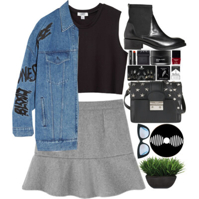 A fashion look from July 2015 featuring sleeveless crop top, blue jean jacket and grey skirt. Browse and shop related looks.