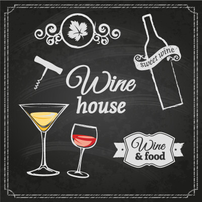葡萄酒吧粉笔海报矢量素材，素材格式：AI，素材关键词：葡萄酒,边框,黑板,粉笔画,葡萄酒吧