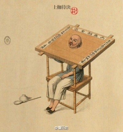 1804年由英国人william miller印行的板刻彩画，画作刻划了清朝时代，两广部堂的刑罚情形。