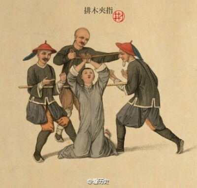 1804年由英国人william miller印行的板刻彩画，画作刻划了清朝时代，两广部堂的刑罚情形。