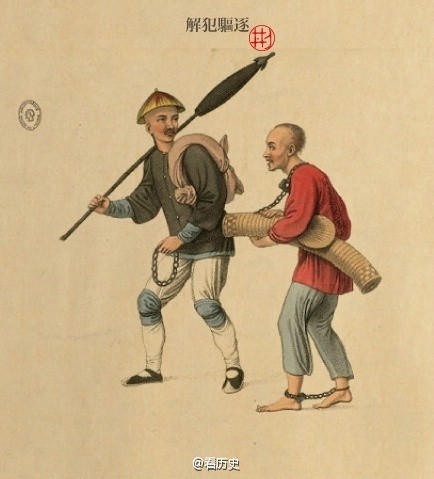 1804年由英国人william miller印行的板刻彩画，画作刻划了清朝时代，两广部堂的刑罚情形。