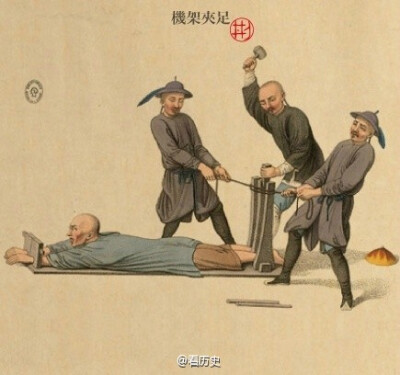 1804年由英国人william miller印行的板刻彩画，画作刻划了清朝时代，两广部堂的刑罚情形。