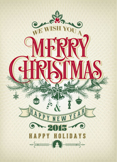 复古圣诞艺术字海报矢量素材，素材格式：EPS，素材关键词：槲寄生,圣诞节,松枝