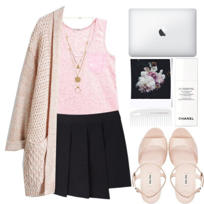 A fashion look from July 2015 featuring pink cardigan, silk top and golf skirts. Browse and shop related looks.