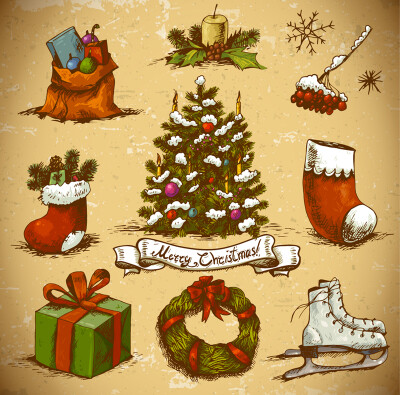 9款手绘圣诞元素矢量素材，素材格式：EPS，素材关键词：丝带,礼包,蜡烛,溜冰鞋,浆果,圣诞节,圣诞树,圣诞袜