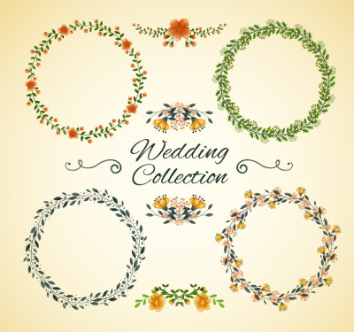 8款婚礼花环与装饰花矢量素材，素材格式：AI，素材关键词：婚礼,花环,花饰