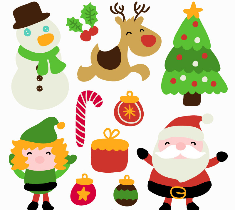 11款卡通圣诞元素矢量素材，素材格式：EPS，素材关键词：蛋糕,槲寄生,雪人,圣诞节,圣诞树,圣诞吊球,拐棍糖,圣诞老人,圣诞驯鹿,圣诞精灵