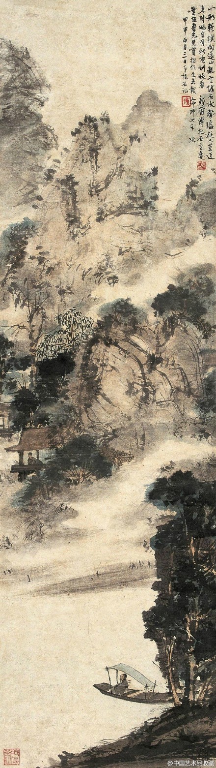 #新金陵画派#【 傅抱石 《客泛秋水》 】镜心，纸本设色，105.5×29.5cm，1944年作。 款识：“小舸轻摇向远山，乱云堆石水声潺。游人莫道来时晚，自有秋客到晚看。新喻傅抱石重庆，叶超吾兄见赏拙作，久未报命即此奉政，甲申正月三日弟抱石记。”