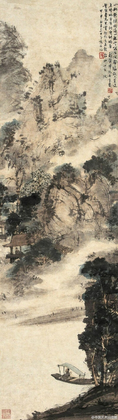 #新金陵画派#【 傅抱石 《客泛秋水》 】镜心，纸本设色，105.5×29.5cm，1944年作。 款识：“小舸轻摇向远山，乱云堆石水声潺。游人莫道来时晚，自有秋客到晚看。新喻傅抱石重庆，叶超吾兄见赏拙作，久未报命即此奉政…