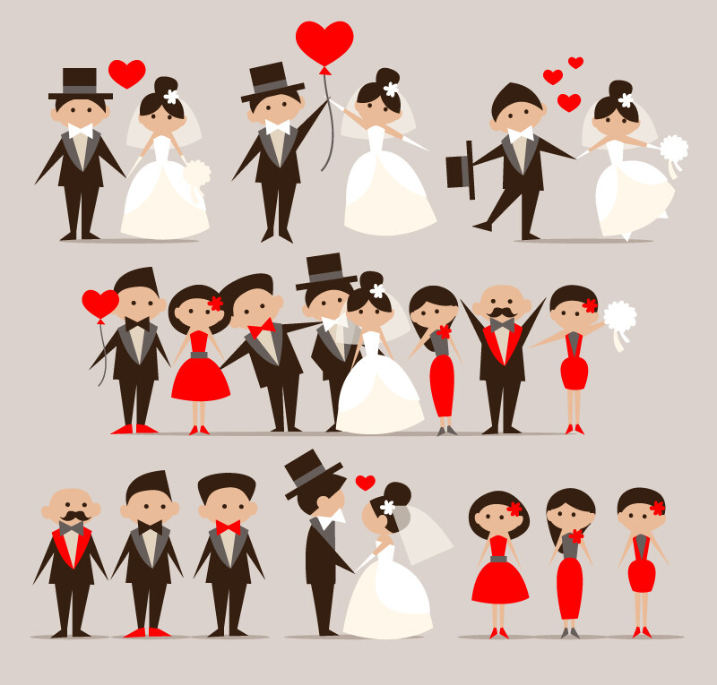 5款卡通新娘与新郎矢量素材，素材格式：AI，素材关键词：婚礼,新娘,新郎,伴娘,伴郎