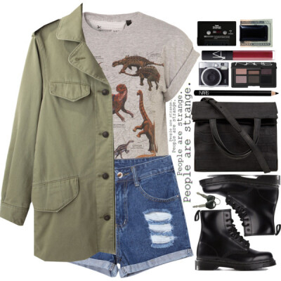 A fashion look from July 2015 featuring gray t shirt, green military jacket and blue denim shorts. Browse and shop related looks.