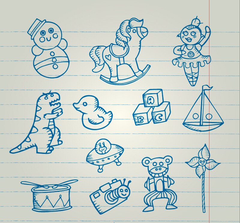 12款蓝色手绘玩具矢量素材，素材格式：AI，素材关键词：鸭子,玩具,小丑,恐龙,木马,风车,雪人,玩具熊,洋娃娃,积木