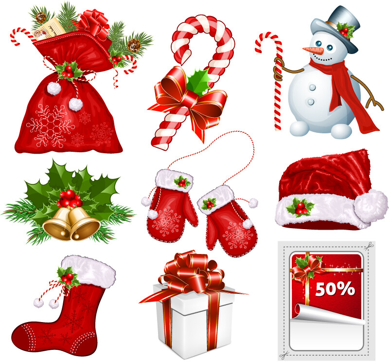 9款红色圣诞图标矢量素材，素材格式：EPS，素材关键词：礼物,图标,礼包,花环,吊牌,手套,槲寄生,铃铛,雪人,圣诞节,拐棍糖,圣诞帽,袜子