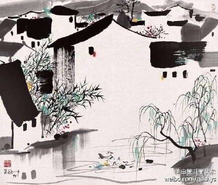 #国画#【 吴冠中《江南水乡》 】 此幅作于1995年，极富抒情意味，从写生、观察入手，将灵动的水乡景观巧妙地加以组合，追求新颖手法表现真情实感。笔触简约，自由放纵，色线富有节奏，情感流动，不拘一格，使人观后仿佛有种置身于流水声潺潺、天籁空灵的江南美景之中。