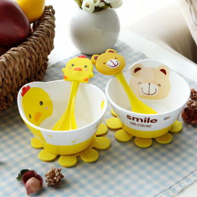 创意可爱儿童宝宝动物陶瓷碗卡通大容量饭碗方便面碗带勺子双人碗