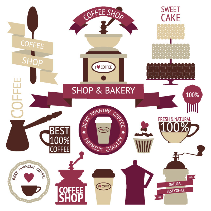 咖啡菜单标签矢量素材，素材格式：EPS，素材关键词：丝带,标签,咖啡,咖啡机,经典实用