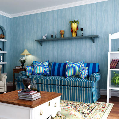 普纳蓝色木纹墙纸 卧室客厅沙发背景墙墙纸清爽地中海壁纸