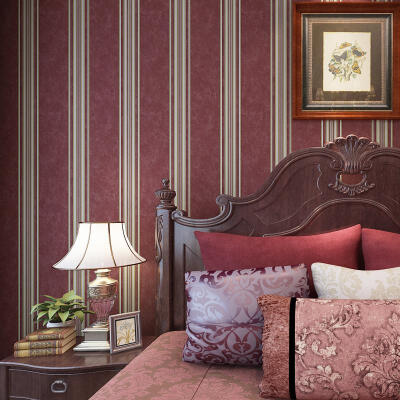普纳 复古美式浓情暗红色墙纸 环保无纺布宽条纹壁纸卧室床头背景