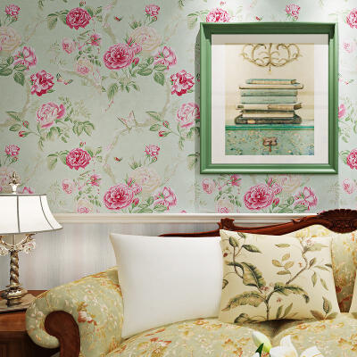 普纳墙纸 美式田园风格 温馨大花环保纯纸壁纸卧室客厅沙发背景墙