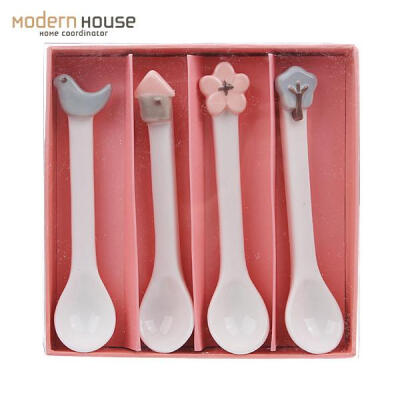 ModernHouse韩国时尚家居瓷器鸟树形屋子形花形勺子套装4件套