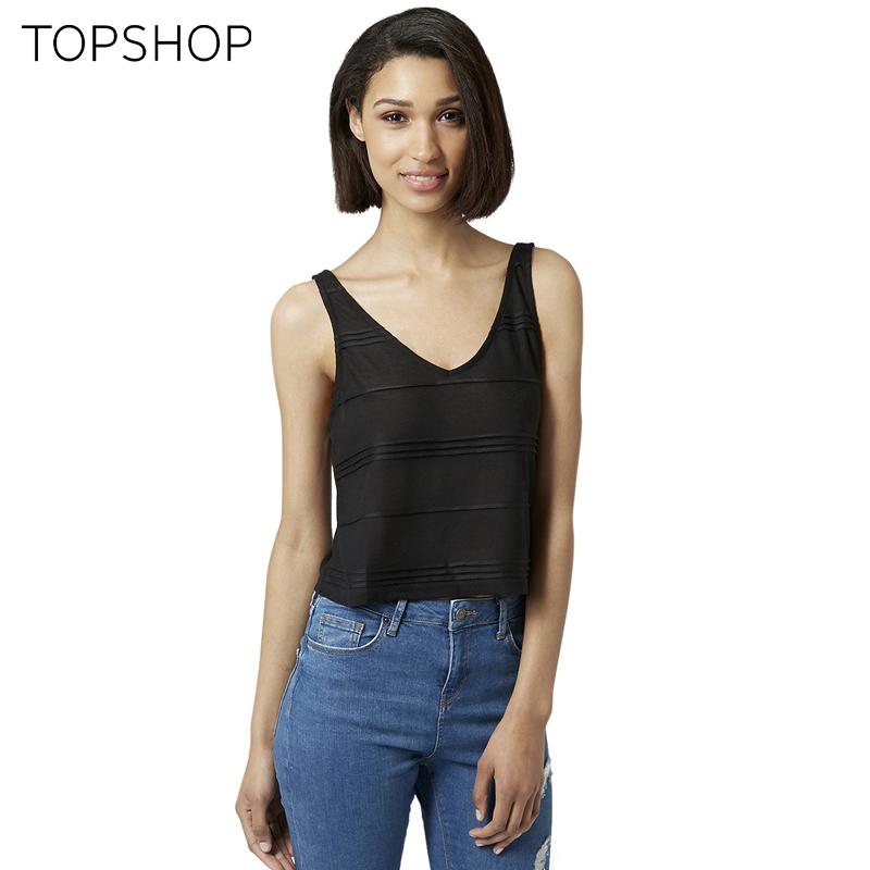 TOPSHOP2015条纹细褶V领背心明星同款多色潮背心 09B05HBLK