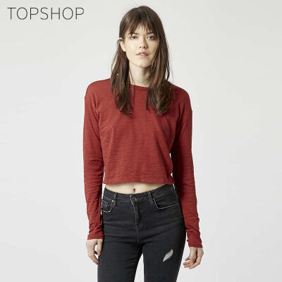 TOPSHOP春季纯棉露脐长袖白纯色T恤女复古短款打底09T16HWHT