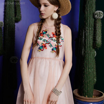 SuperR2015夏季Mexico系列刺绣欧根纱无袖连衣裙