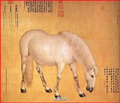 【宫廷画师郎世宁的十大骏马图 】据《国朝院画录》的记载，乾隆八年（1743），郎世宁奉命画《十骏图》十轴，画的是蒙古外藩所进贡的骏马。这十大《骏马图》现藏台北“故宫博物院”。好肥的马呀！