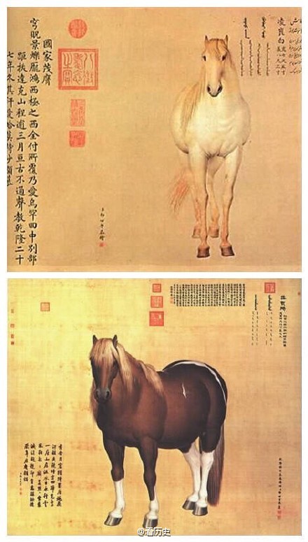 【宫廷画师郎世宁的十大骏马图 】据《国朝院画录》的记载，乾隆八年（1743），郎世宁奉命画《十骏图》十轴，画的是蒙古外藩所进贡的骏马。这十大《骏马图》现藏台北“故宫博物院”。好肥的马呀！