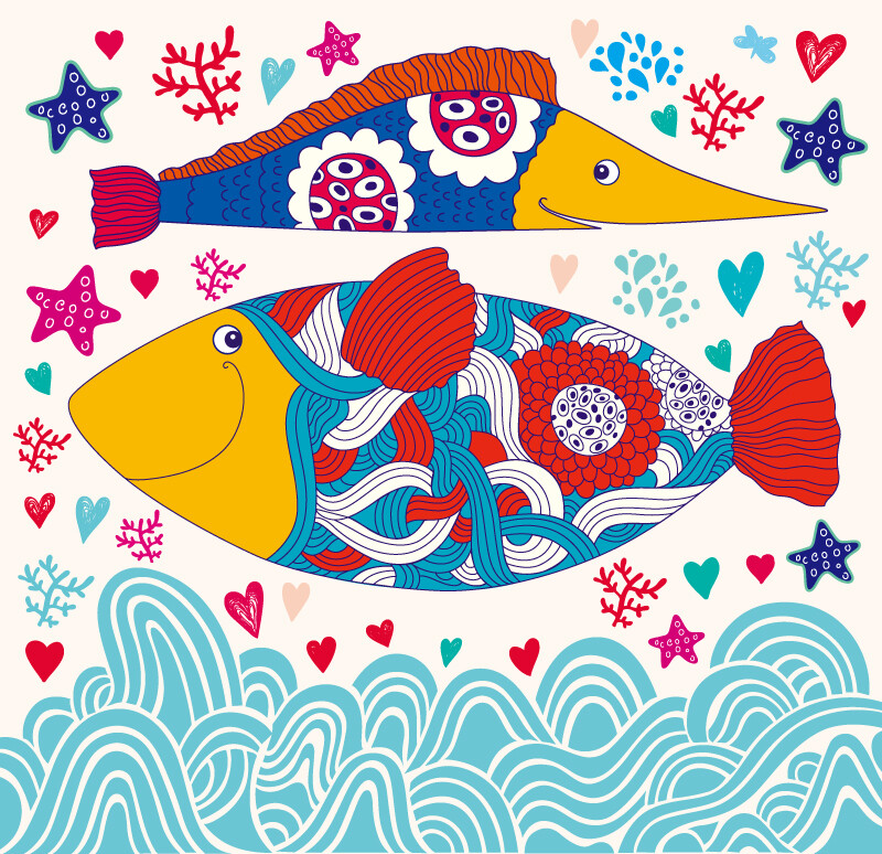 卡通海底鱼类背景矢量素材，素材格式：EPS，素材关键词：鱼,海星,珊瑚,海浪,浪花