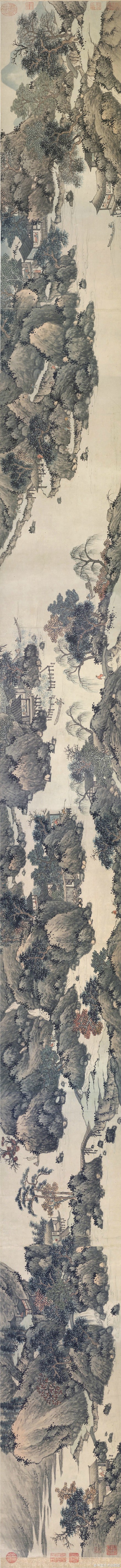 #明四家#【 明 沈周 《溪山行旅图》 】卷，纸本，36.4×891.5cm，布鲁克林博物馆藏。沈周成熟时期的山水，笔墨上既吸收了宋院体和明浙派的硬度和力感，又保留了元人的含蓄笔致，于苍中带秀，刚中见柔。无论繁复或简略，都强调山川宏阔之“势”，一改元人空寂之境，又着意于朴实的“质”，于拙中藏巧。