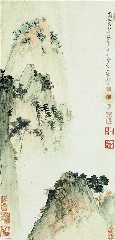 张善孖 太华聚仙台 / 纸本设色 镜芯 规格：58.5×28.5cm 估价：60000-80000 款识：甲戌秋写太华聚仙台，虎痴张善子于听鹂馆。 钤印：虎痴（白文）、善孖长寿（白文）、善子（朱文）、虎公（白文）、善子（白文）、大风堂（朱文）