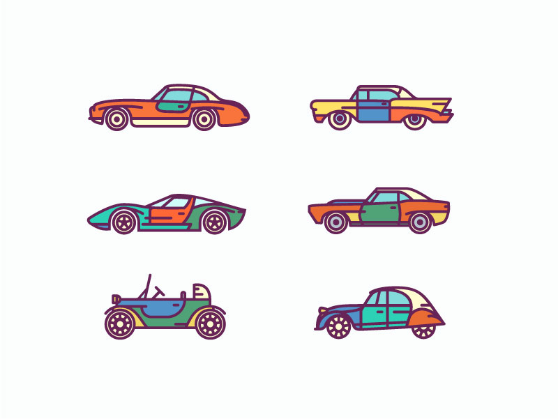 6款卡通车辆设计矢量素材，素材格式：AI，素材关键词：卡通,车辆,轿车,汽车,老爷车