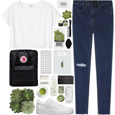 A fashion look from January 2015 featuring white tops, high rise jeans and nike shoes. Browse and shop related looks.