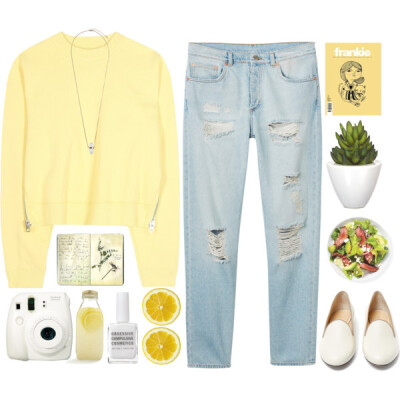 A fashion look from July 2015 featuring yellow sweat shirt, slouch jeans and ivory flat shoes. Browse and shop related looks.