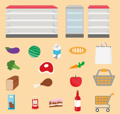 超市货架与食物设计矢量素材，素材格式：EPS，素材关键词：水果,食物,蔬菜,牛奶,面包,超市,购物车,货架