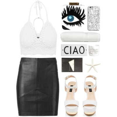 A fashion look from July 2015 featuring black crop top, short skirts and white sandals. Browse and shop related looks.