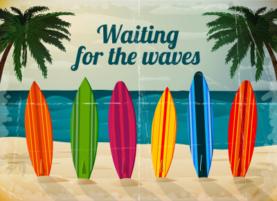 夏日冲浪背景矢量素材，素材格式：EPS，素材关键词：夏季,椰子树,冲浪板,冲浪