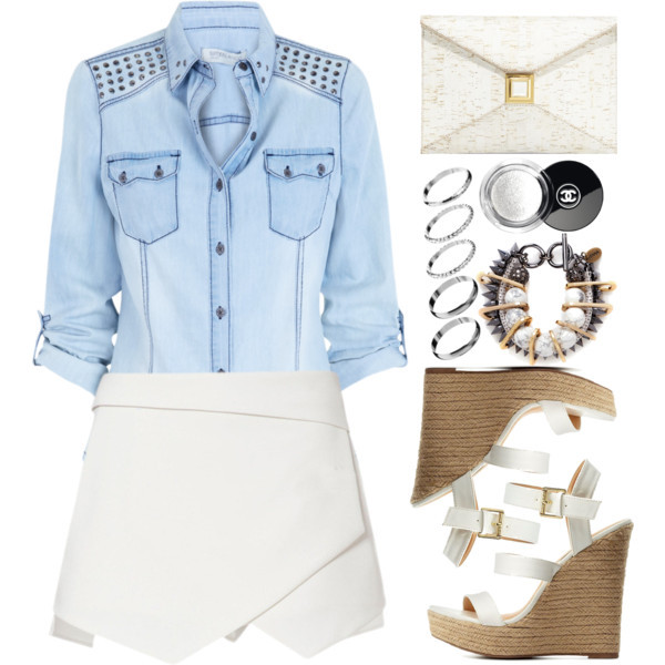 A fashion look from July 2015 featuring blue shirt, white shorts and wedges shoes. Browse and shop related looks.